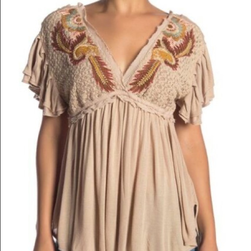 Free People “Fiesta Nueva” Embroidered Top Sand SM